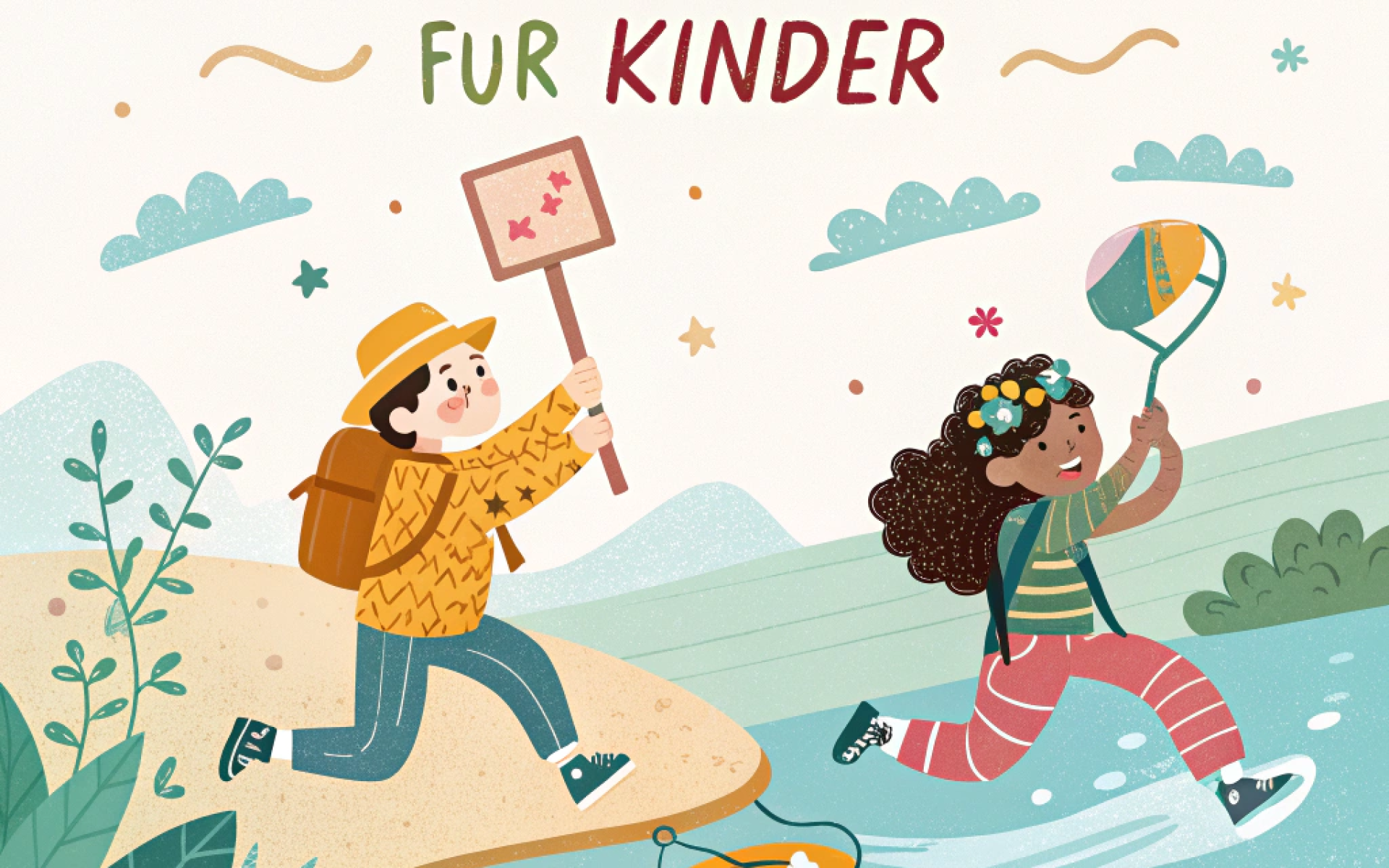 Grafik mit Text Ferienpassaktion für Kinder und zwei Figuren