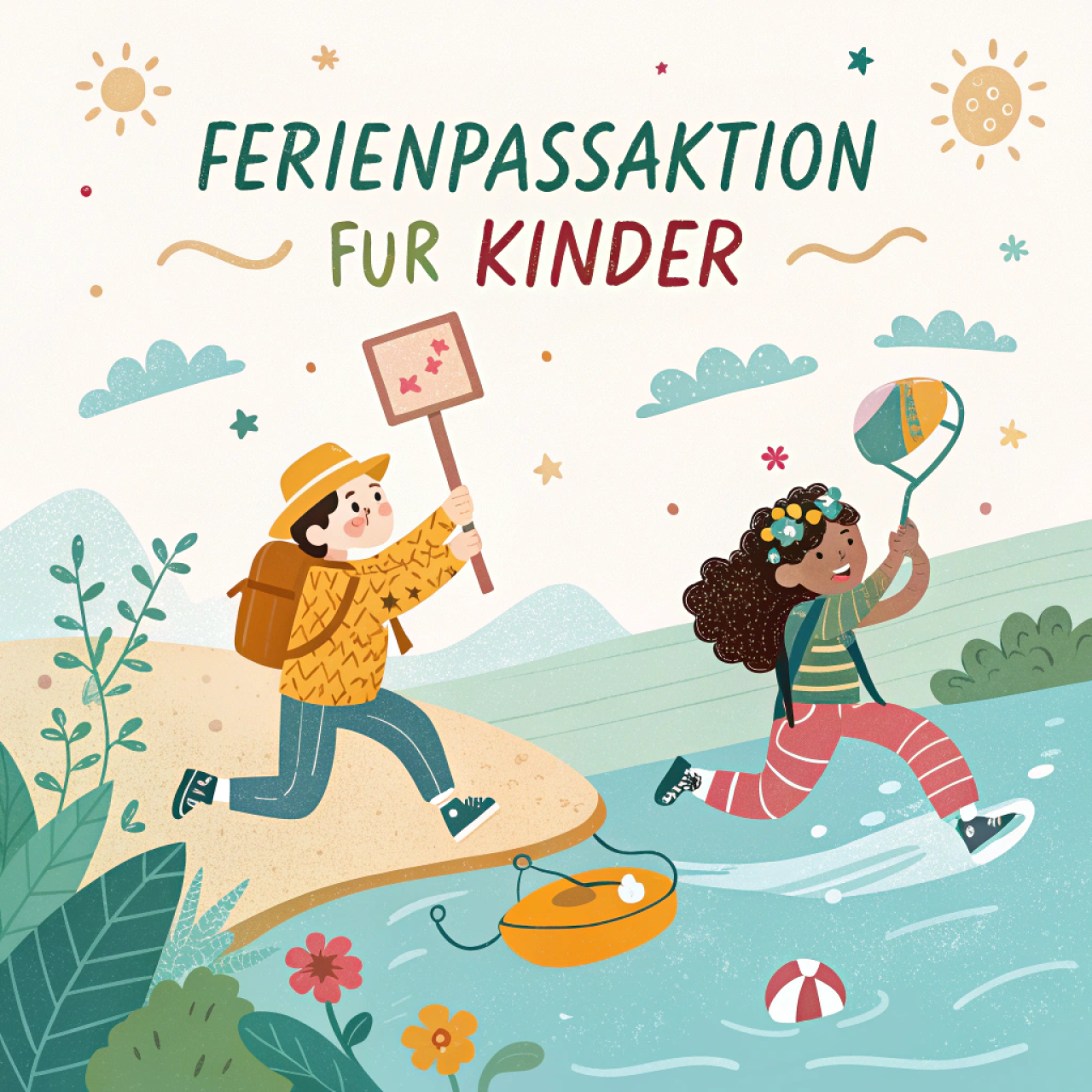 Grafik mit Text Ferienpassaktion für Kinder und zwei Figuren